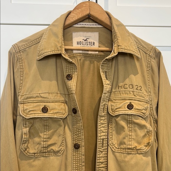 Hollister Men’s Khaki Utility Button-Up Military Long Sleeve Shirt Shacket Sz L - Picture 1 of 15